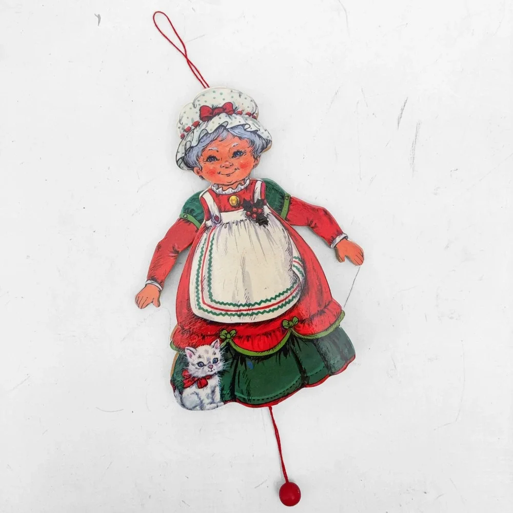 VTG Mrs Claus Wooden Jumping Jack Ornament Pull String Toy